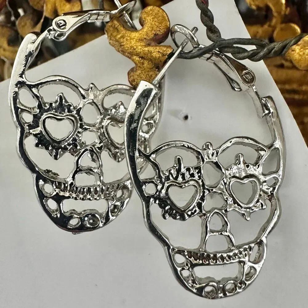 Silver-Tone Sugar Skull Hoop Earrings with Heart Eyes